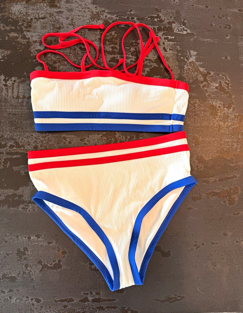 Women's White Ribbed 2pc Bikini Set Red/Blue Striped Trim